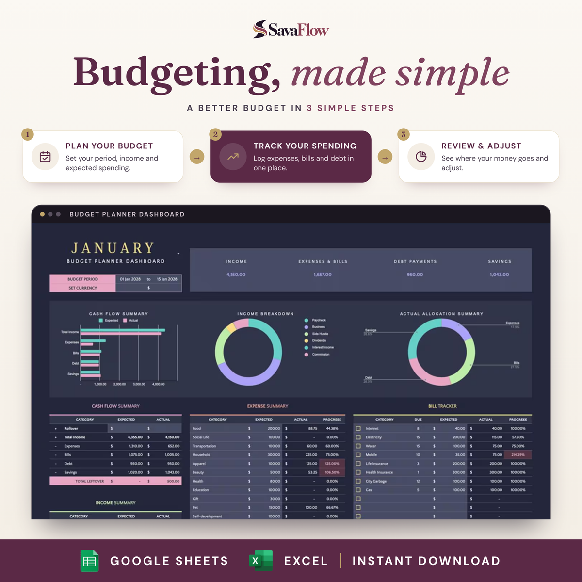 The Ultimate Budget Planner | Google Sheets & Excel | Light + Dark
